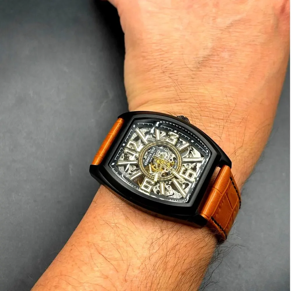 Kenneth Cole KC51083004 Automatic Skeleton Tonneau Leather Strap Men’s Watch
